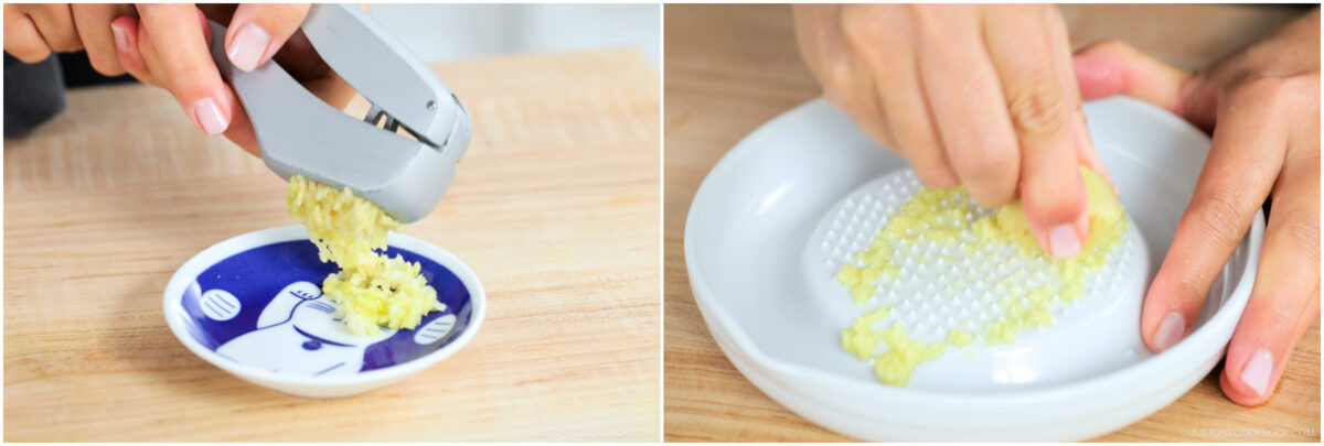 on the left, ginger is being pressed in a garlic press; on the right, ginger is being grated using a ceramic grater on a white plate.