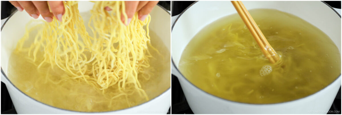  On the left, hands add raw yellow noodles into boiling water in a pot. On the right, noodles cook in the water while being stirred with chopsticks.