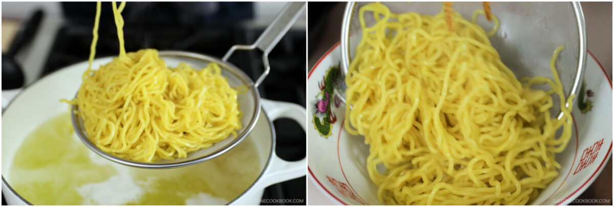  On the left, yellow noodles are being lifted from boiling water with a strainer over a pot. On the right, the cooked noodles are drained in a metal sieve over a bowl.
