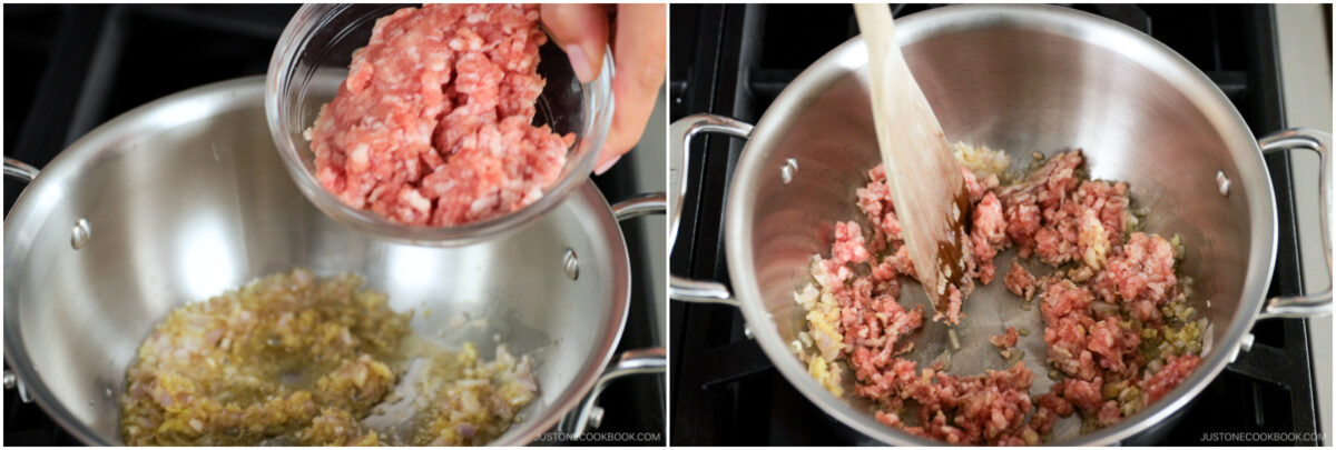  the left shows ground meat being added to a pan with sautéed onions and garlic; the right shows the meat being stirred and cooked in the same pan with a wooden spatula.