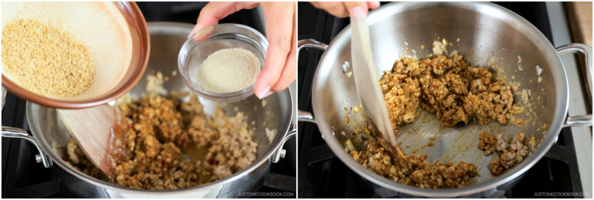  Left, sesame seeds and sugar are being added to a pan with cooked ground meat. Right, a wooden spoon stirs the mixture in the pan as the ingredients blend together.