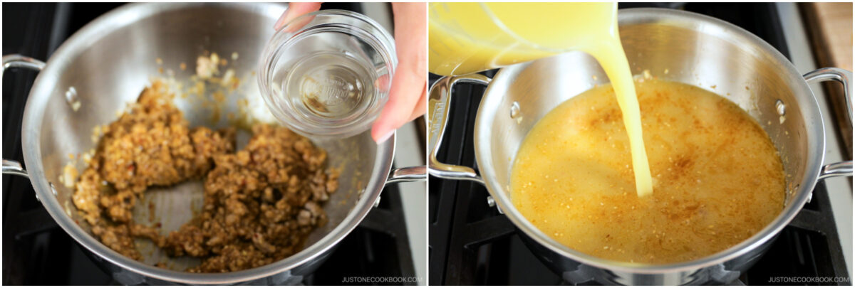  on the left, minced ingredients are sautéed in a stainless steel pan as a hand adds liquid from a small bowl; on the right, broth is being poured into the same pan over the sautéed mixture.