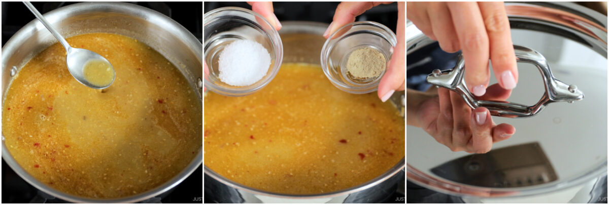  broth being stirred with a spoon in a pot, salt and pepper being added to the pot, and a hand placing a lid on the pot.
