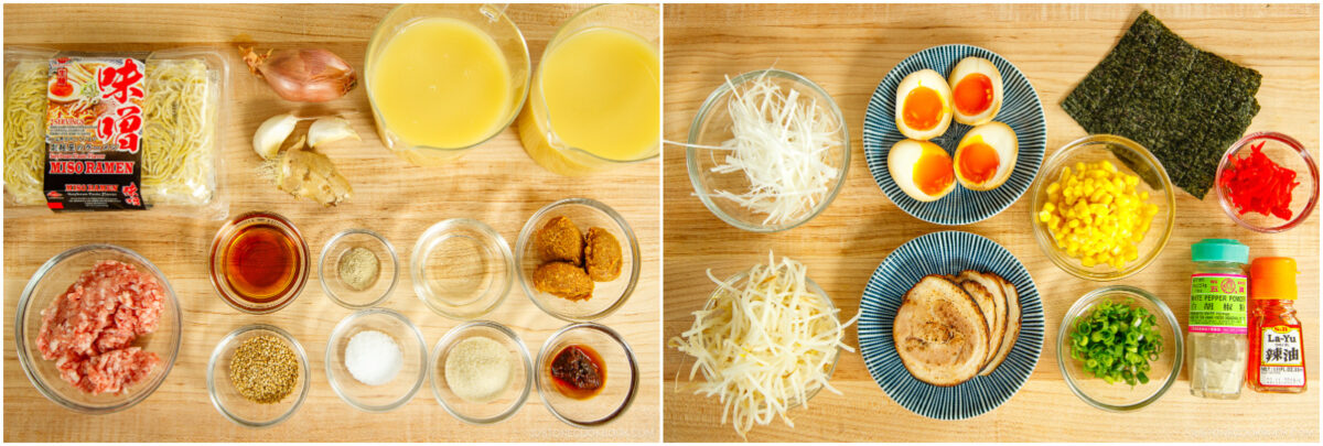  left has raw pork, noodles, broth, ginger, shallot, sauces, miso, spices; right has cooked ramen toppings like soft-boiled eggs, corn, sliced pork, green onion, nori, and condiments.
