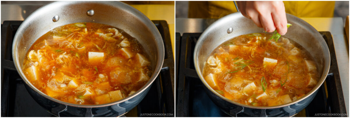 A pot of miso soup with tofu and vegetables simmers on a stove. In the second image, a hand sprinkles fresh green onions into the soup.