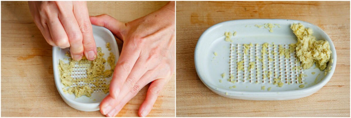 Two-part image: On the left, a hand grates fresh ginger on a ceramic grater. On the right, grated ginger is gathered on the edge of the same grater, which rests on a wooden surface.
