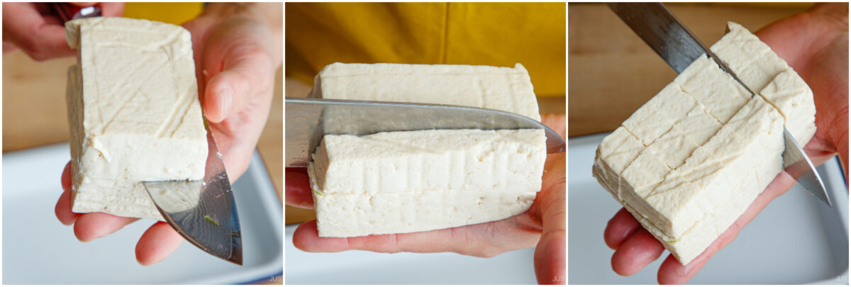 Three side-by-side photos show hands slicing a block of tofu with a knife, demonstrating how to cut tofu into pieces. The background and hands are out of focus to emphasize the tofu and knife.