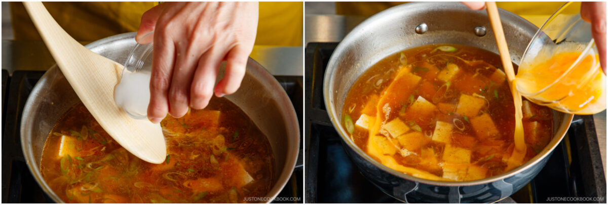 Two-panel image: On the left, a hand adds cornstarch mixture to simmering soup with tofu in a pot. On the right, a hand pours beaten eggs into the same soup while stirring with a wooden spoon.