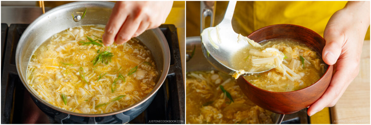 A person garnishes a pot of soup with green onions on the stove (left), then ladles the hot soup with mushrooms and egg into a wooden bowl (right).
