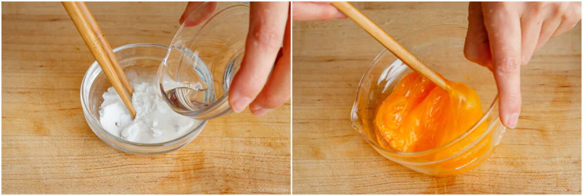 Two side-by-side images: on the left, a hand pours liquid into a small bowl of white powder using chopsticks; on the right, chopsticks mix a bright orange, gel-like mixture in a clear bowl on a wooden surface.