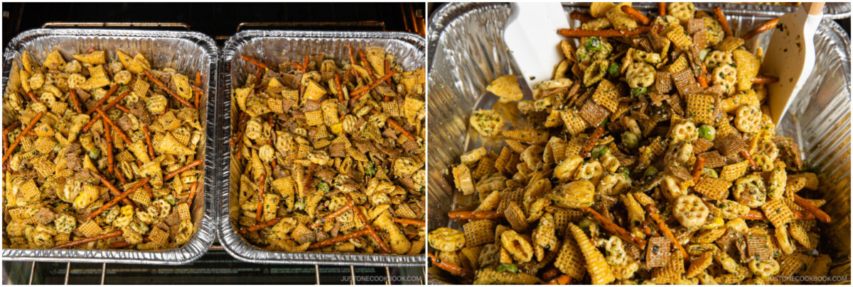 Two foil trays filled with homemade snack mix, including pretzel sticks, cereal pieces, and seasoning, sit in an oven. A close-up on the right shows the mix being stirred with a wooden spoon.