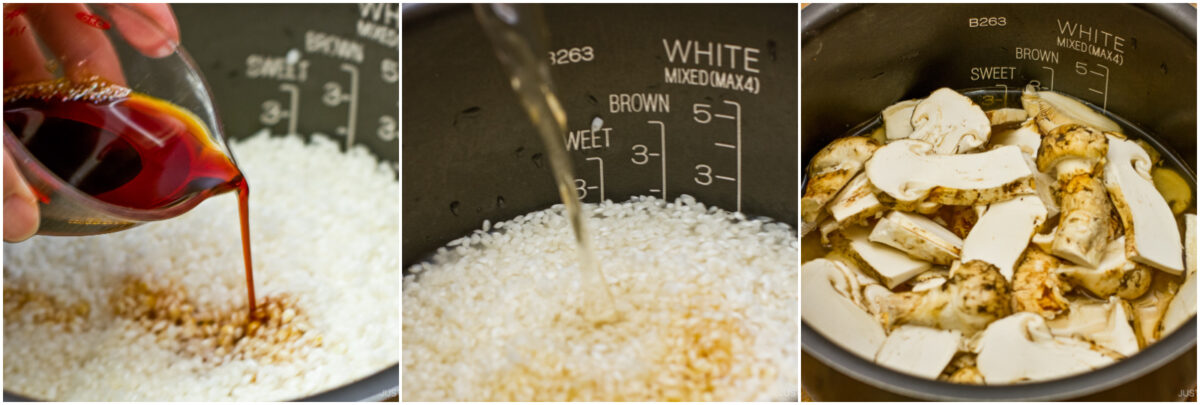 A three-panel image: pouring liquid into rice, adding more liquid, and then sliced mushrooms on top of the rice in a rice cooker. Measurement markings are visible inside the cooker.