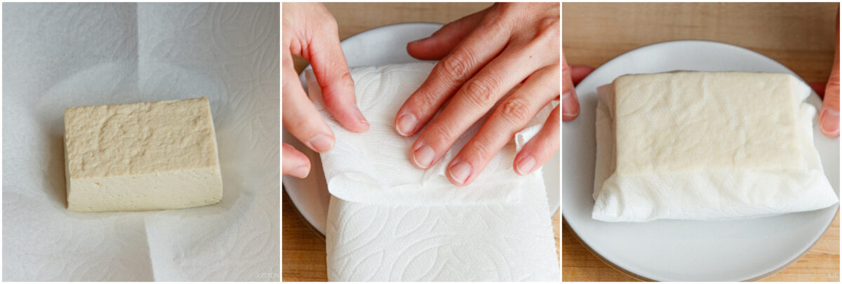 Three images show steps to press tofu: left, a block of tofu on a paper towel; center, hands folding paper towel over tofu; right, tofu wrapped in a paper towel on a plate.