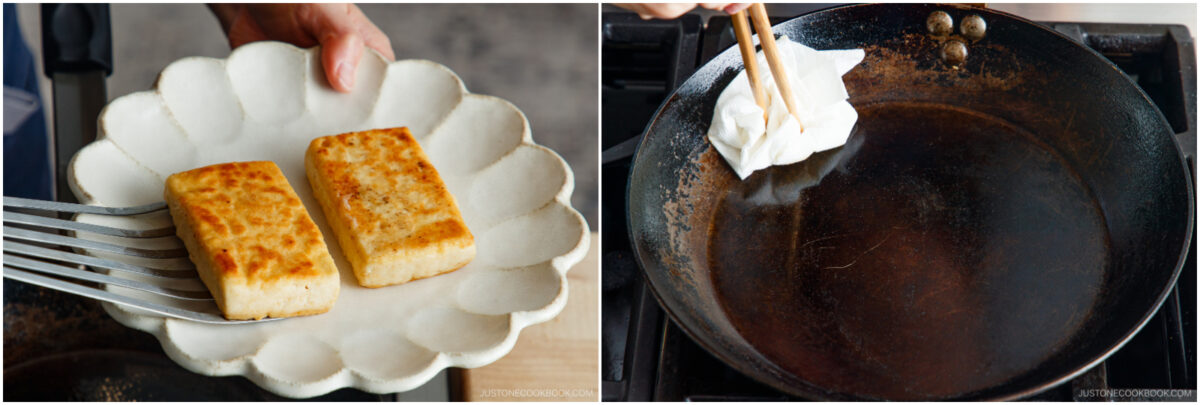 Left: Two golden-brown tofu slices on a white scalloped plate. Right: A hand uses chopsticks to wipe a black frying pan with a paper towel.