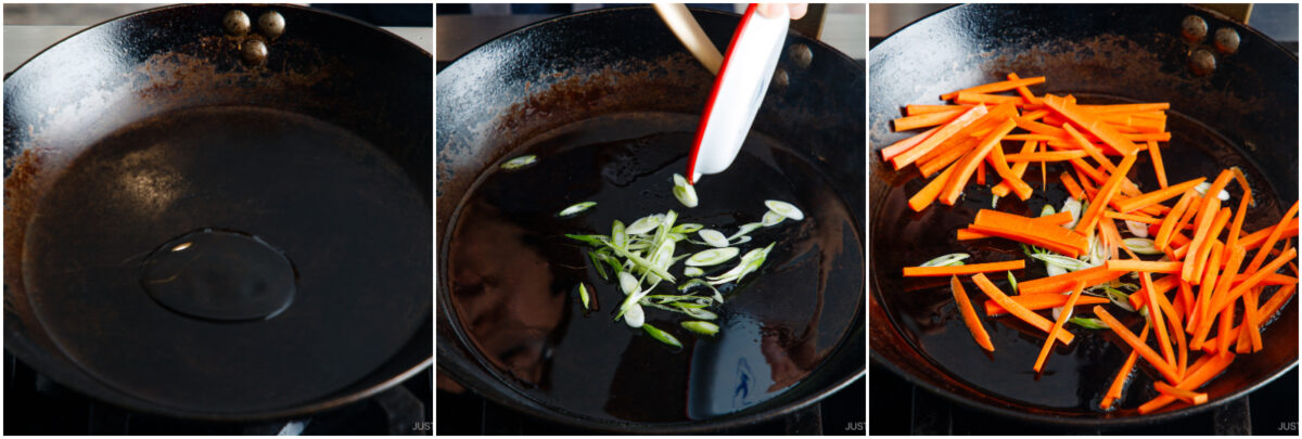 A three-panel image shows: oil heating in a skillet, sliced green onions being added, and then julienned carrots being added, all in the same black pan on a stovetop.