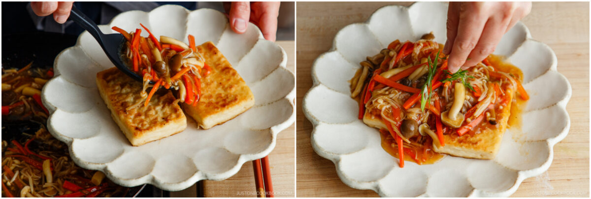 Two side-by-side photos show hands plating sautéed mushrooms, red peppers, and sauce over two golden tofu blocks on a white scalloped plate. One hand uses a black utensil; the other arranges garnish on top.