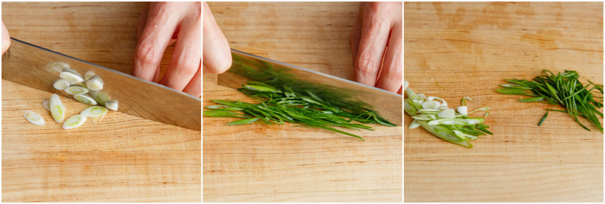 A three-panel image showing hands slicing green onions on a wooden cutting board, with the first panel showing round cuts, the second diagonal slices, and the third thin julienne strips.