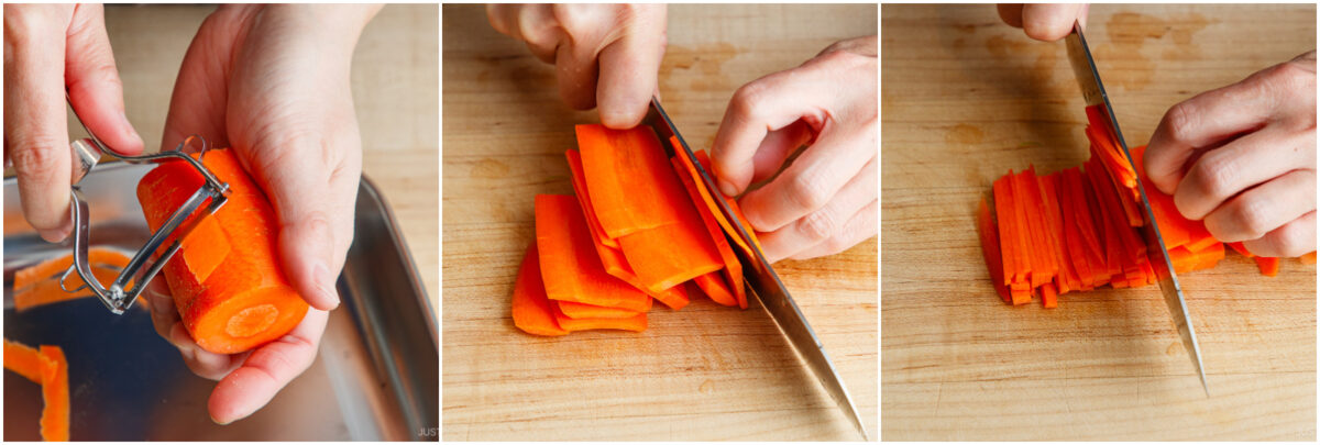 Three-step process: a hand peels a carrot, then slices it into thin pieces, and finally cuts the slices into thin matchsticks on a wooden cutting board.