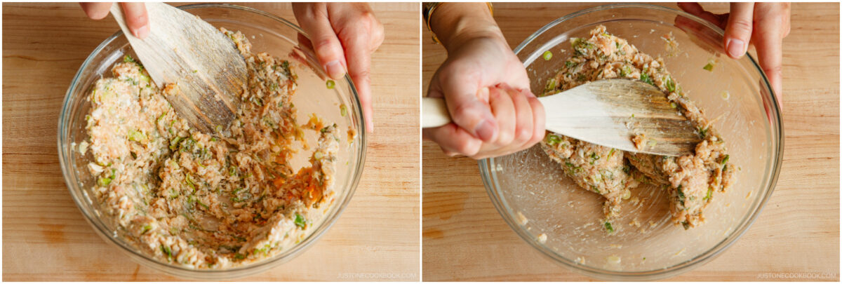 Two side-by-side photos show hands mixing a bowl of minced meat, chopped vegetables, and seasonings with a wooden spatula on a wooden surface.