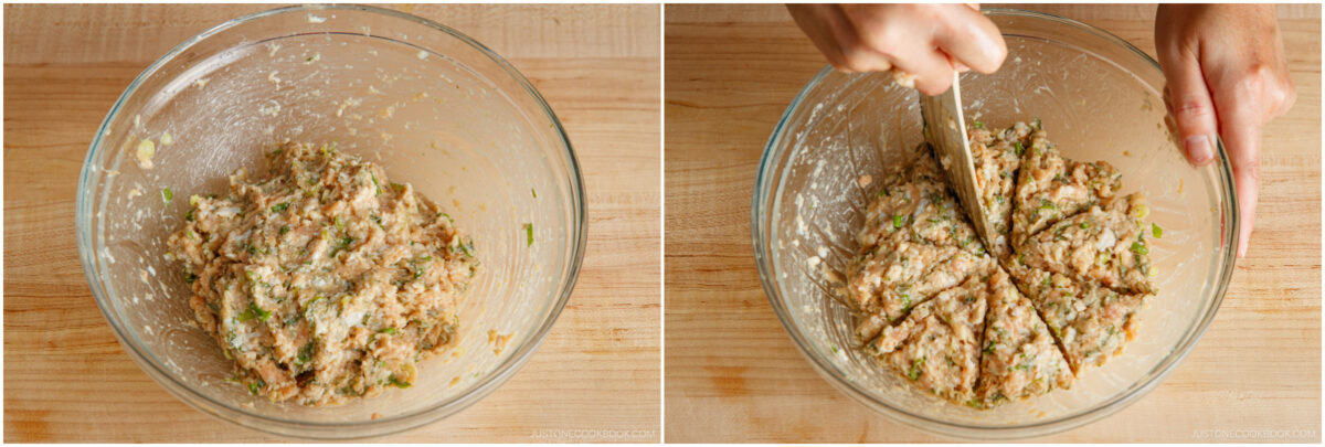 Two images: Left, a glass bowl filled with a mixture of ground meat and vegetables on a wooden surface. Right, hands use a knife to divide the mixture into segments inside the bowl.