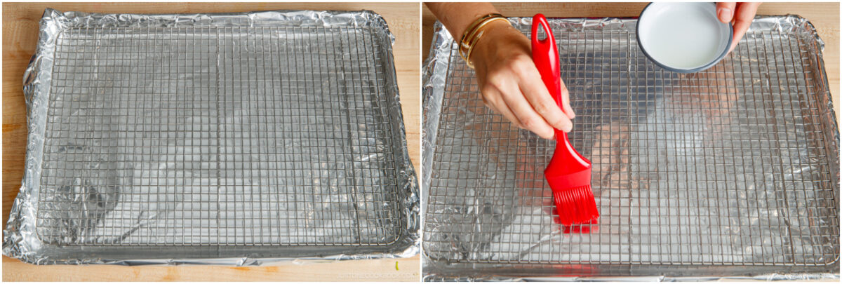 A baking sheet lined with foil and topped with a wire rack is shown. In the second image, a hand uses a red brush to coat the wire rack with oil from a small white bowl.