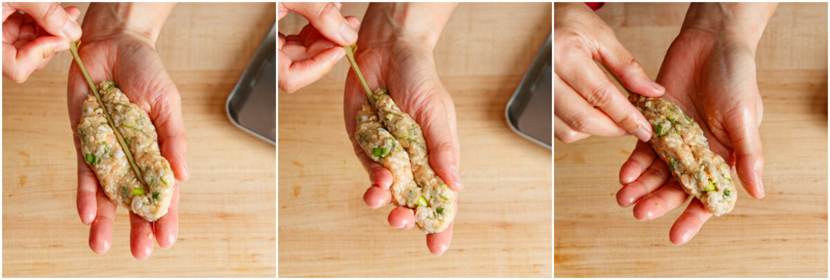 Three-panel image showing hands shaping seasoned ground meat around a wooden skewer, forming a kebab, on a light wooden surface.