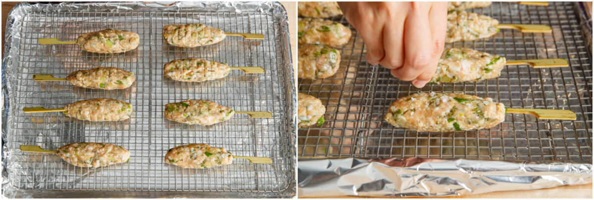 Uncooked chicken skewers with herbs are arranged on a wire rack over a foil-lined baking sheet. In the right image, a hand sprinkles seasoning onto a skewer.