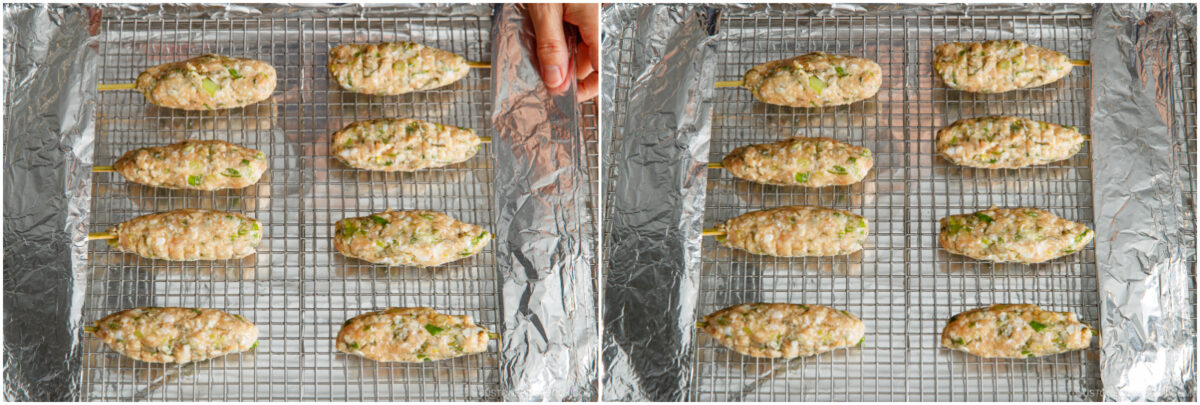 Two side-by-side images show twelve uncooked chicken skewers on wire racks over baking sheets lined with foil. A hand is adjusting one skewer in the left image; the right image shows all skewers evenly spaced.