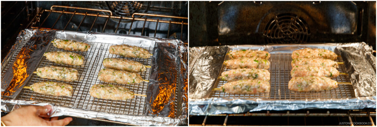 Two side-by-side photos show a baking sheet lined with foil and topped with raw, seasoned chicken finger-shaped pieces placed in an oven, ready to be baked.