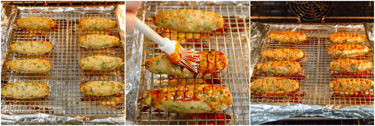 Three-panel image: uncooked meatloaf portions on a wire rack in the oven, a hand brushing sauce on one piece, and finally, all meatloaves glazed and baked on the rack over a foil-lined tray.