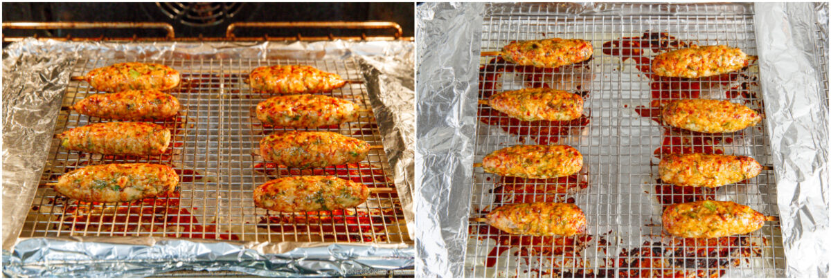 Two side-by-side images show a baking rack with twelve stuffed potato skins on a foil-lined tray. The left image is in the oven, and the right image shows the finished potato skins out of the oven.