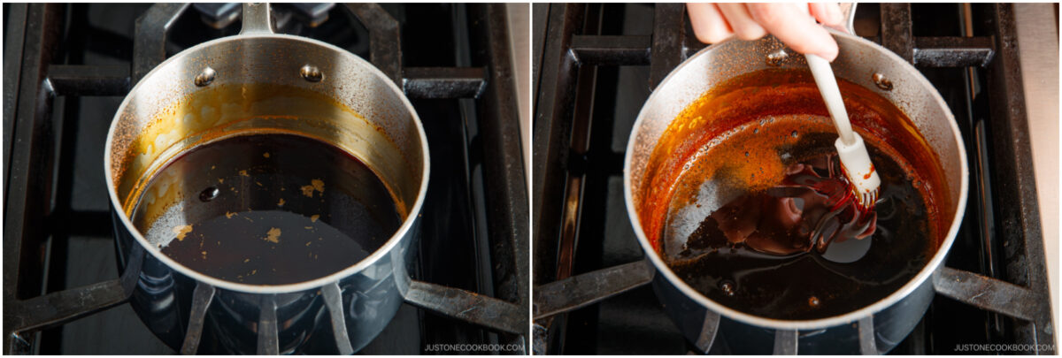 A metal saucepan on a stove contains a dark liquid; in the first image, it’s simmering, and in the second, a hand stirs the thickening sauce with a white spatula.