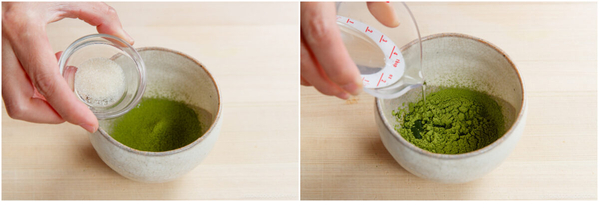 Two-panel image: Left, a hand pours sugar into a bowl of green matcha powder. Right, water is being poured from a measuring cup into the bowl with matcha and sugar.