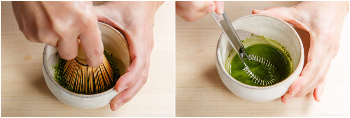 Two images side by side show hands whisking green matcha powder in a white bowl. The left uses a bamboo whisk, while the right uses a metal whisk, both on a light wooden surface.