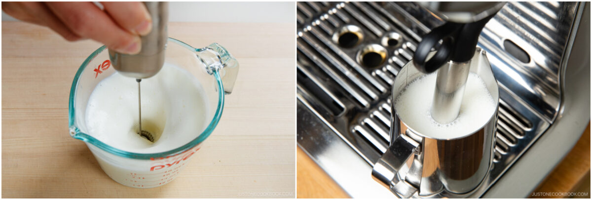 Side-by-side images showing milk being frothed: on the left, with a handheld frother in a glass measuring cup, and on the right, with a steam wand in a metal pitcher at an espresso machine.