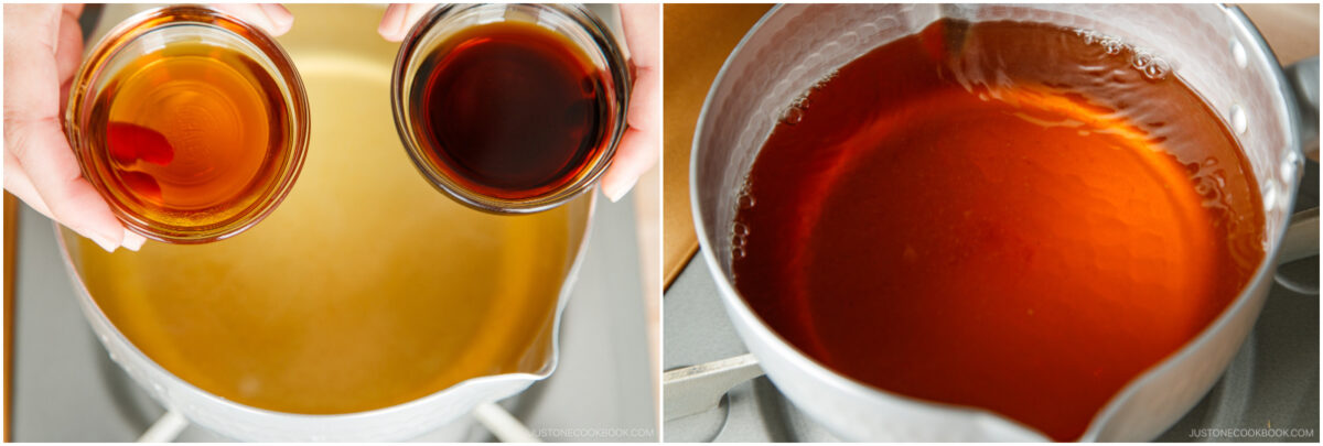 Two side-by-side images: on the left, hands hold two small bowls of light and dark liquids above a saucepan; on the right, the saucepan is filled with a combined amber-colored liquid.