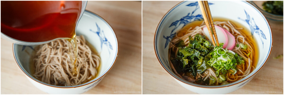 A split image: on the left, broth is being poured over soba noodles in a bowl; on the right, the finished soba noodle soup is topped with green onions, seaweed, and a pink slice of fish cake.