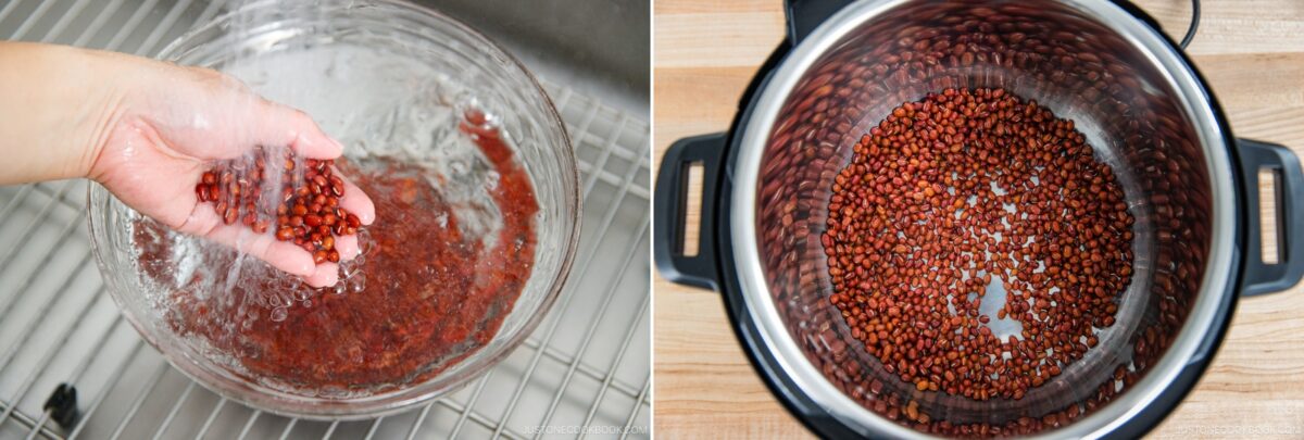 A hand rinses red beans under running water in a sink on the left; on the right, red beans are spread at the bottom of an electric pressure cooker.