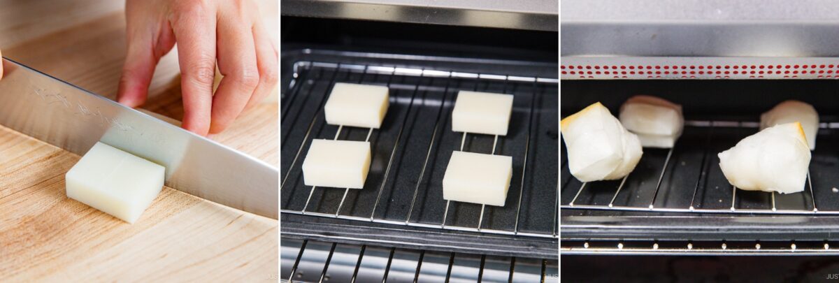 Left, a hand slices a white rectangular block with a knife on a wooden board; center, four white blocks are placed on a wire rack in an oven; right, the blocks are puffed and browned inside the oven.