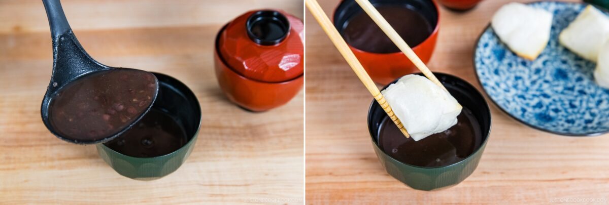 Left, a ladle pours sweet red bean soup into a black bowl; a red lacquer bowl is nearby. Right, chopsticks hold a piece of toasted mochi above the soup, with more mochi pieces on a blue plate.