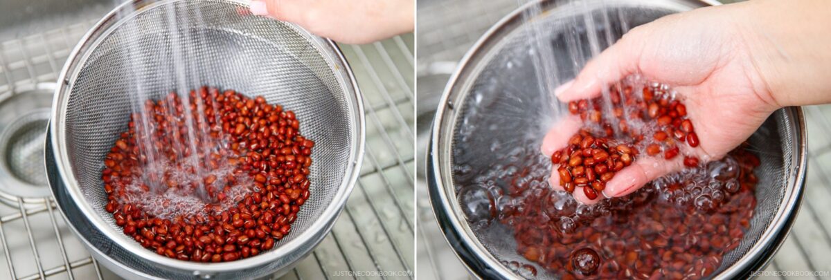 on the left, beans are in a strainer under a faucet; on the right, a hand holds beans submerged in water in a metal bowl.