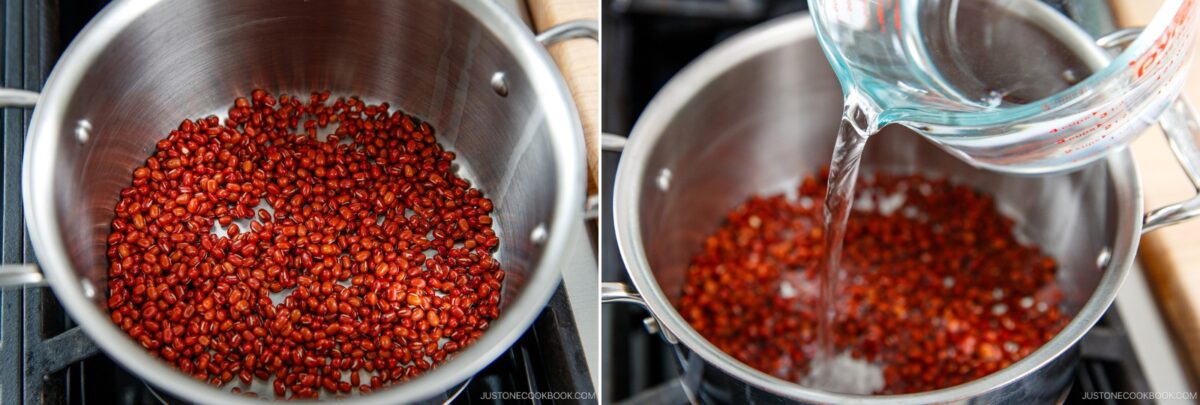 left, dry adzuki beans in a stainless steel pot; right, water being poured from a measuring cup into the pot with the beans.