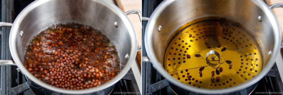 Left, a pot with red beans boiling in water; right, a pot with a metal steamer insert and a few beans in yellowish liquid. Both pots are on a stovetop.