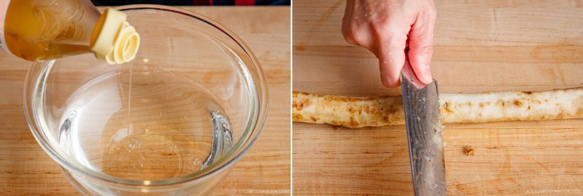 Split image: On the left, honey is being poured into a clear glass bowl of water. On the right, a hand slices a Beef and Gobo Stir Fry-filled rolled flatbread or crepe on a wooden cutting board with a large knife.