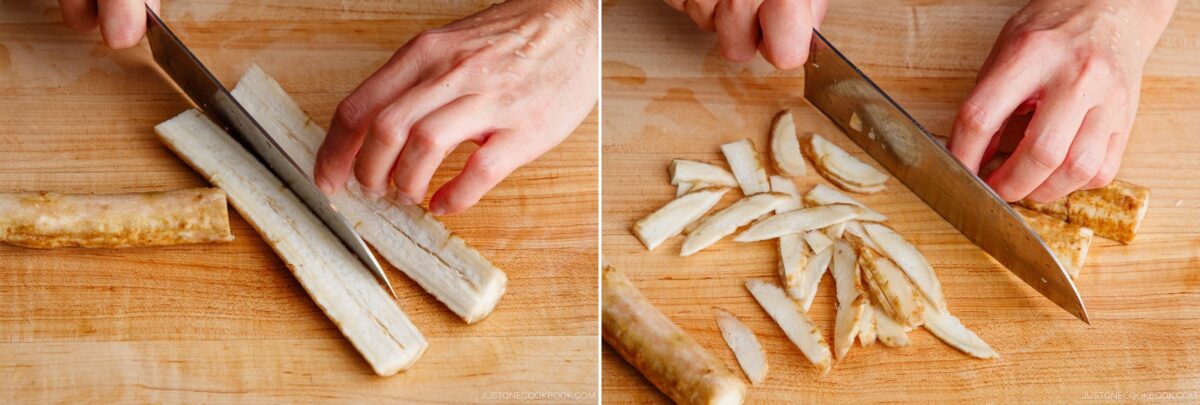 Two side-by-side images show hands slicing burdock root on a wooden cutting board&mdash;one with lengthwise cuts, the other with thin diagonal slices&mdash;preparing fresh gobo for a delicious Beef and Gobo Stir Fry.