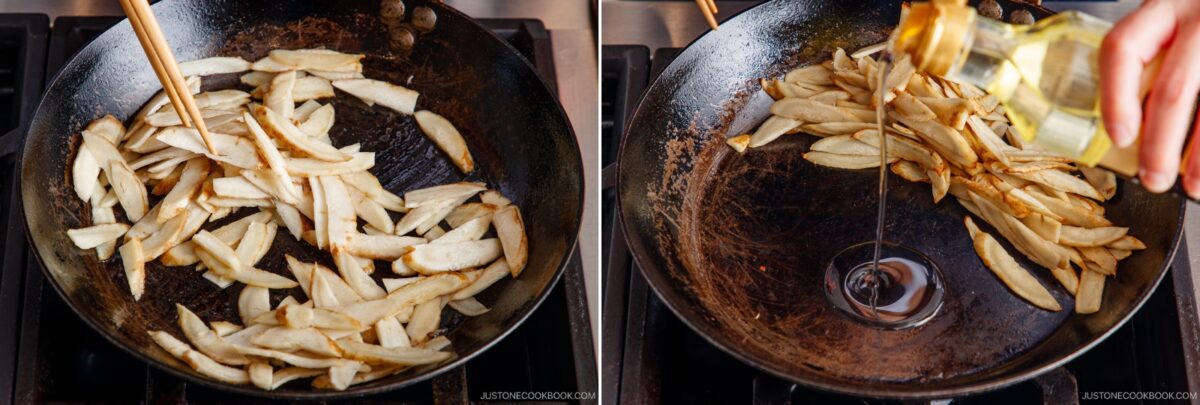 Two side-by-side images: left shows potato fries being stir-fried in a skillet; right shows oil being poured over the fries, similar to how ingredients are prepared in a classic Beef and Gobo Stir Fry, all on a stovetop.