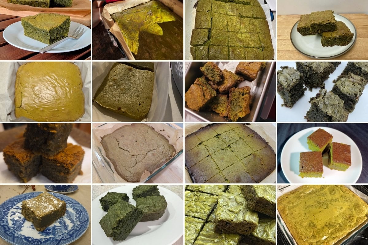 A collage of sixteen images showing different matcha brownies, each baked in various pans and plates, with diverse textures, shapes, and shades of green and brown. Some are sliced, and some are whole or plated.