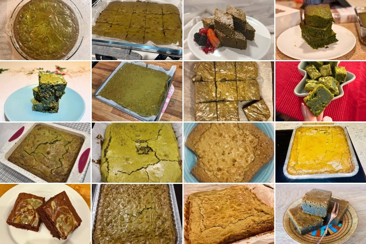 A collage of 16 photos showing different matcha brownies, each baked in various shapes, pans, and presentations, some sliced, some whole, and some served with fruit or held in hand.