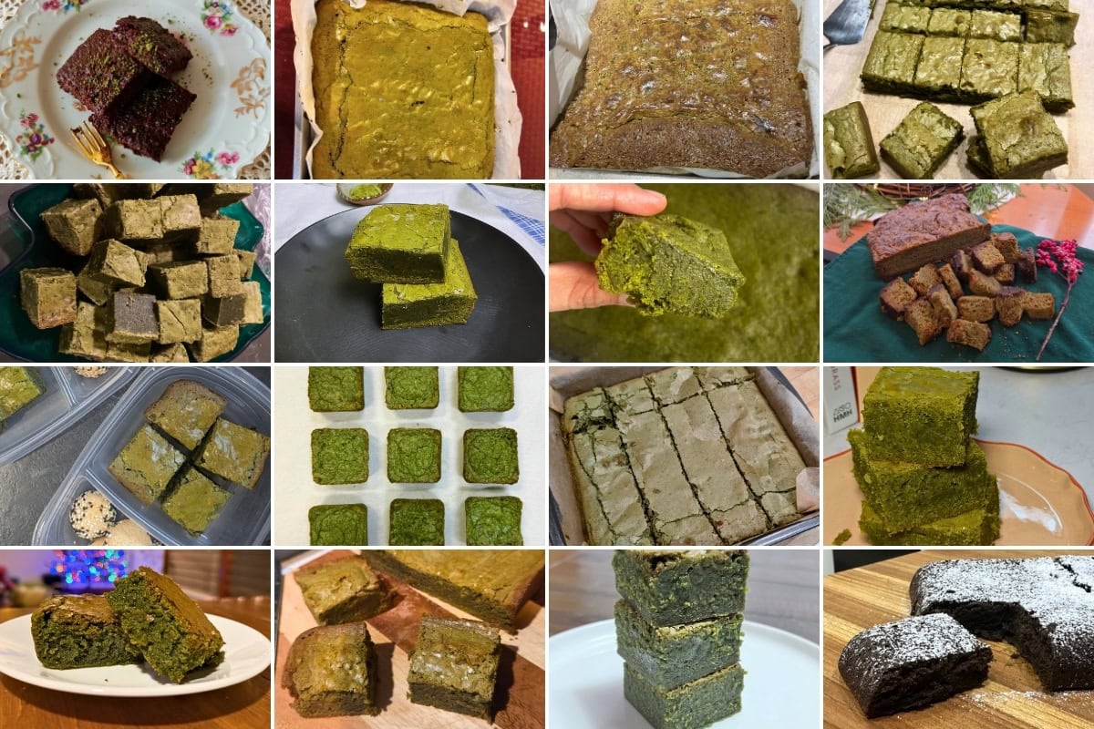 A collage of sixteen images showing various green matcha brownies and cakes, cut into squares or rectangles, displayed on plates, trays, and in containers, with different textures and backgrounds.