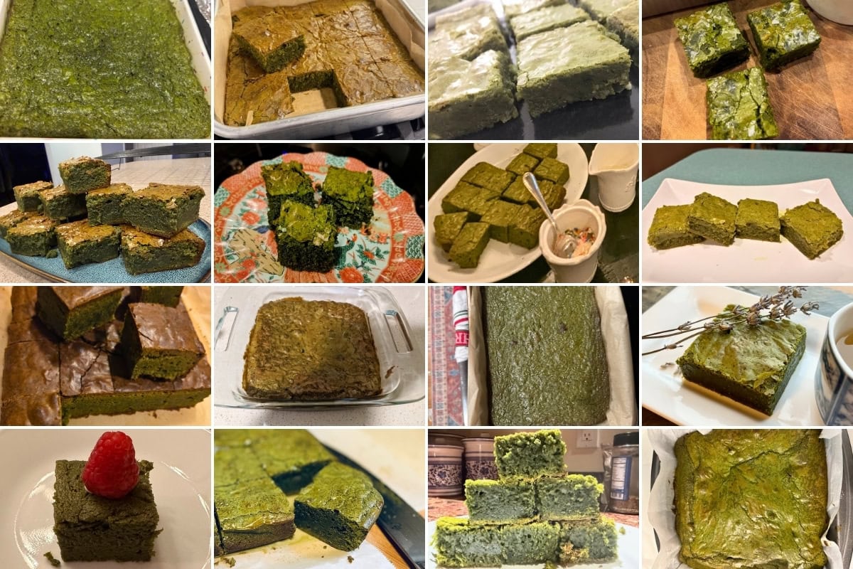 A collage of sixteen photos shows green brownies in various stages: whole in baking pans, sliced into squares, and served on plates, some garnished with herbs or a raspberry.